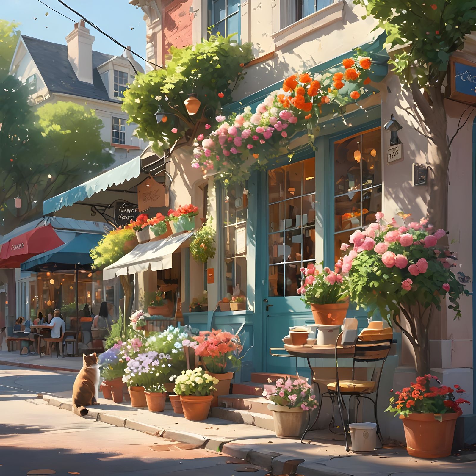 Whimsical Coffee and Flower Shop Scene in Sunlit Corner
