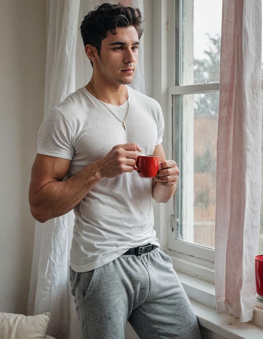 Young Man Gazing Out Window with Coffee