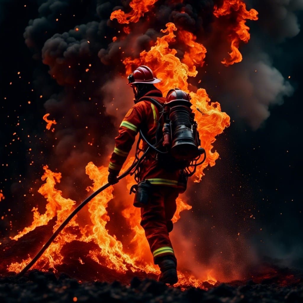 Firefighter Battles Inferno with Hose