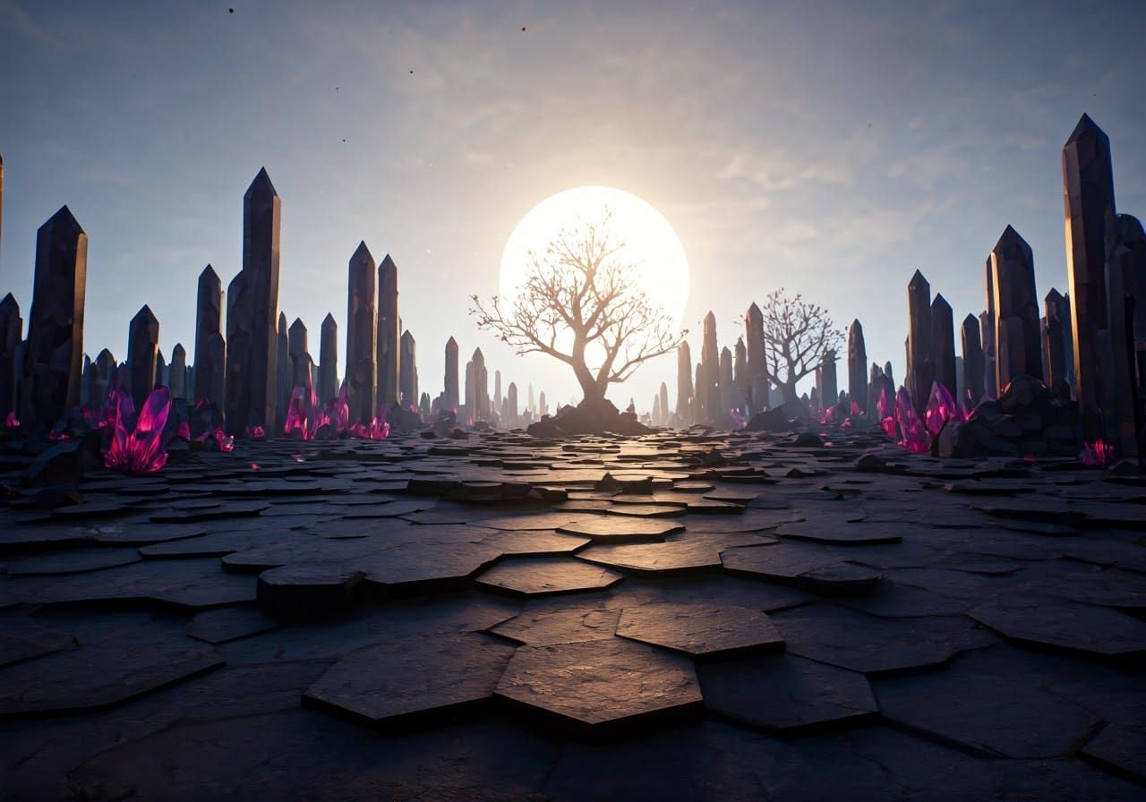 Hexagonal Rock Landscape in Epic 3D Videogame Style