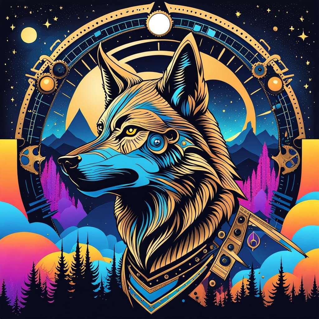 Steampunk Wolf Howling at Moon: Digital Pop Art