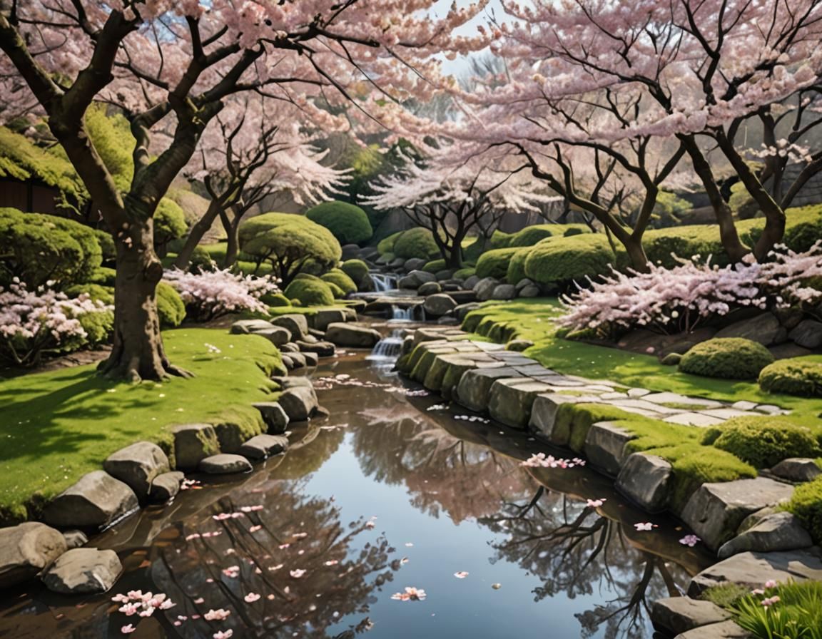 Cherry Blossoms Falling into a Serene Garden Brook