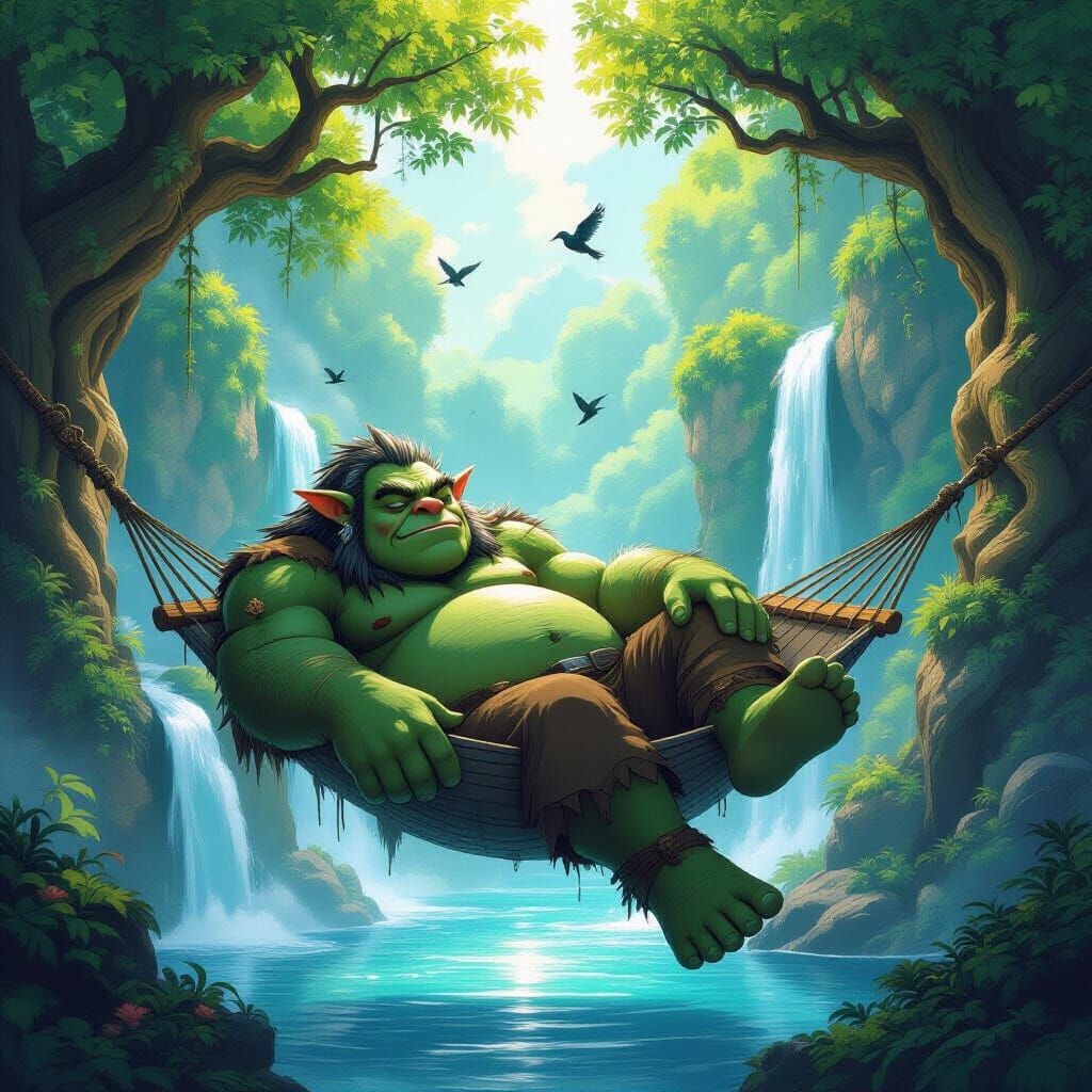 Giant Ogre Sleeping Peacefully in Valley-Sized Hammock