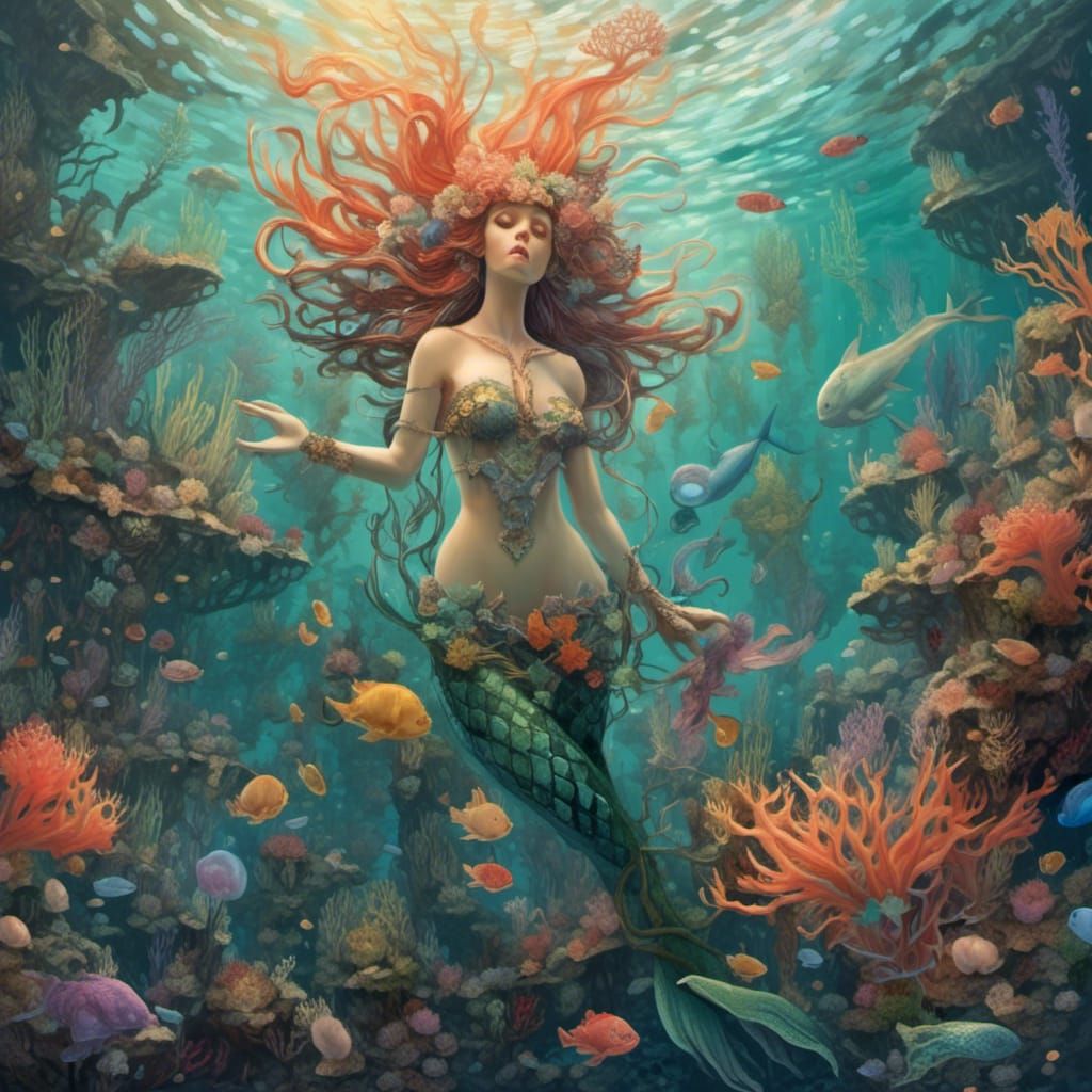 Ethereal Elven Merfolk in Deep Ocean Fractal Art