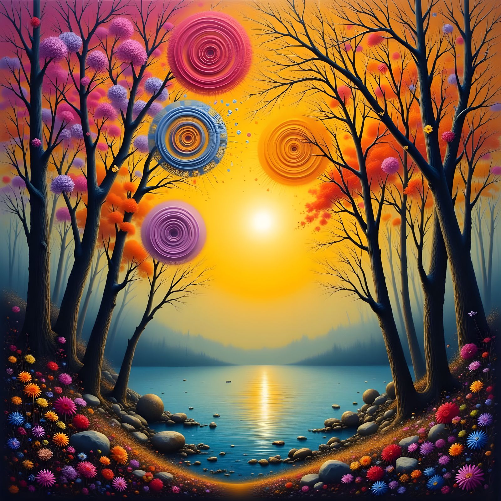 Vibrant Surreal Trees With Swirling Foliage Over Reflective ...