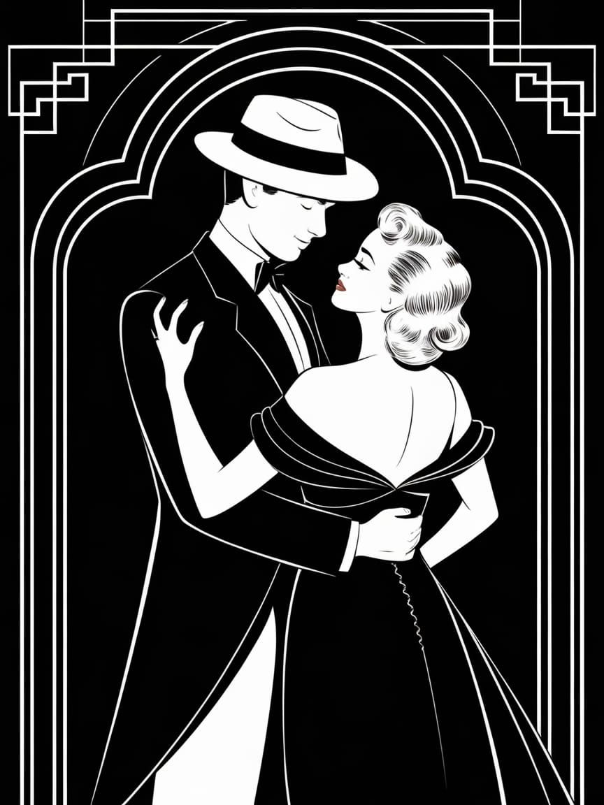 Romantic Couple Dancing in Art Deco Silhouette