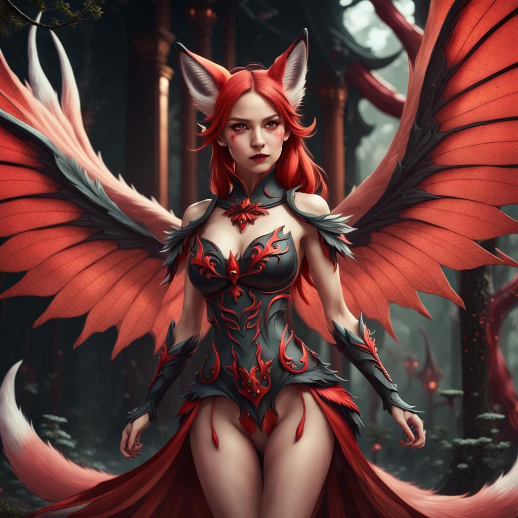 Kitsune with Black and Red Fairy Wings