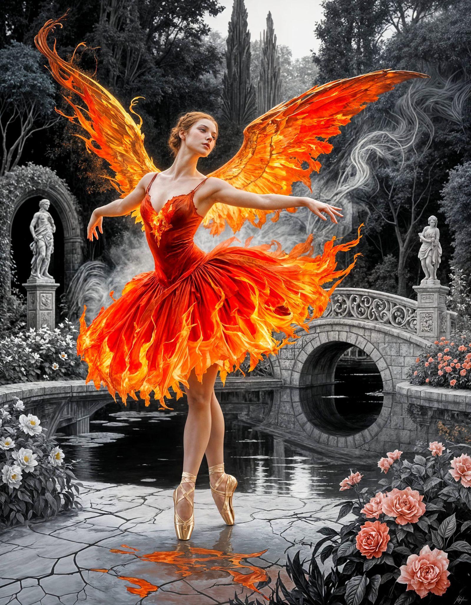 Ballerina Dancing in Flame as Impasto Oil Painting