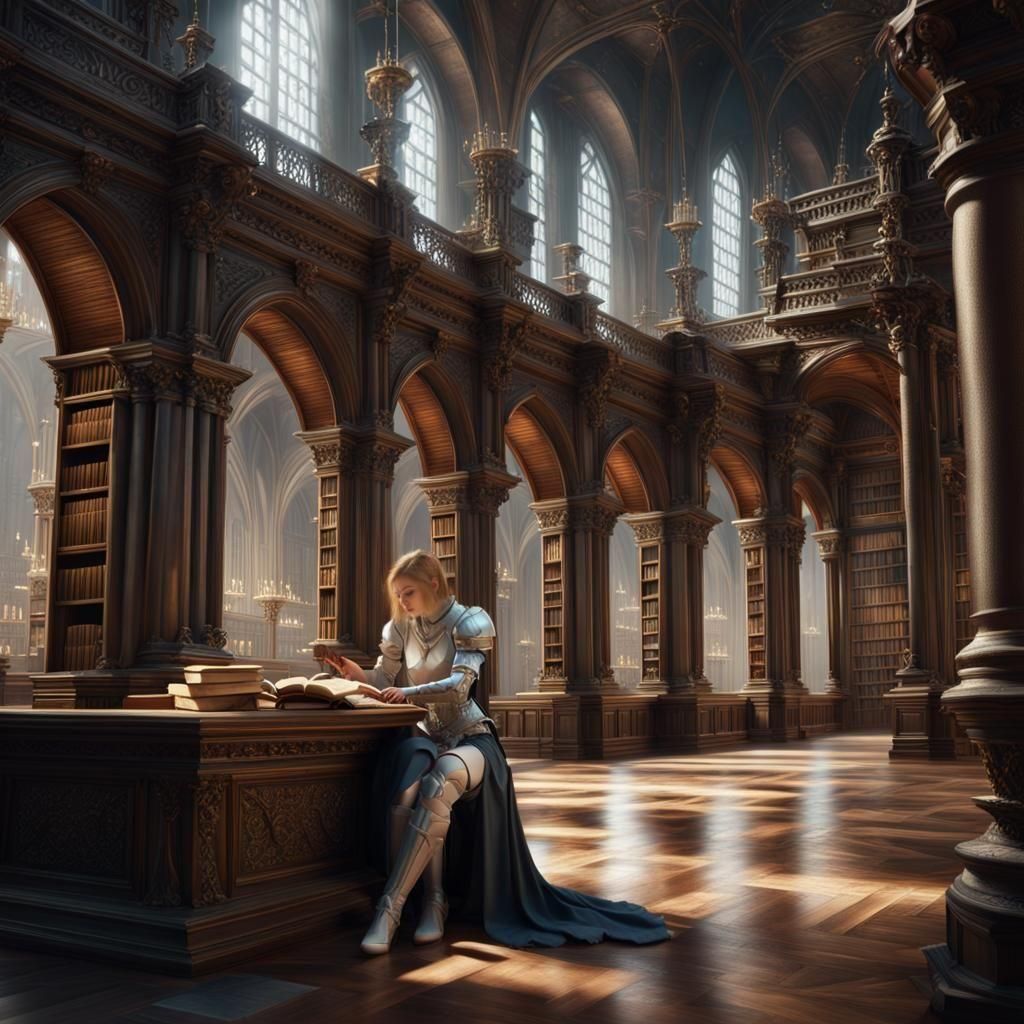 Female Knight Reading Book in Grand Library