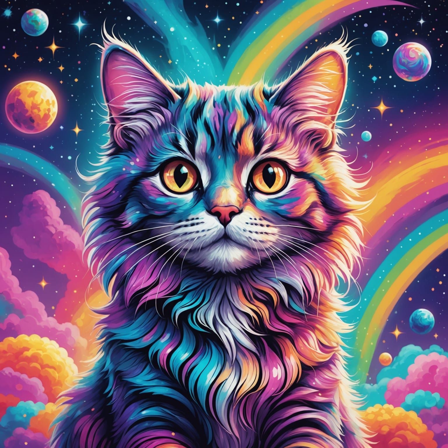 Fluffy Cat in Lisa Frank Style Illustration