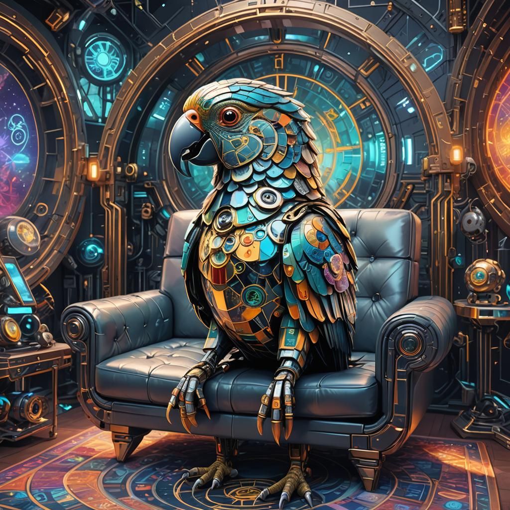 Aetherpunk Cyborg pet Parrot Robot sitting on the sofa in comfy futuristic house, combination of aether and steampunk te...