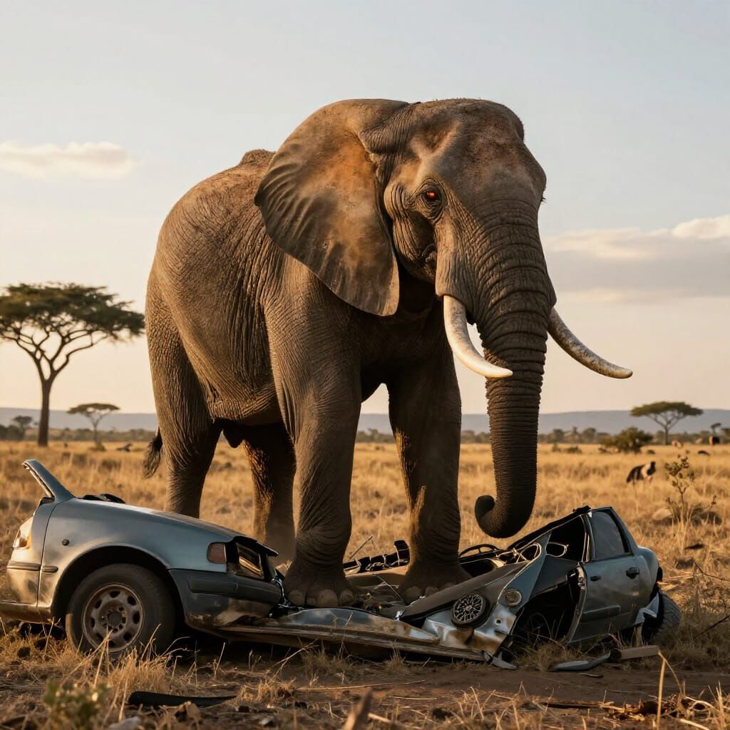 Enraged Elephant Crushes Car in African Savanna