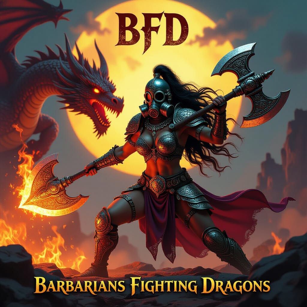 Amazonian Barbarian Battles Dragon in Dark Fantasy Style