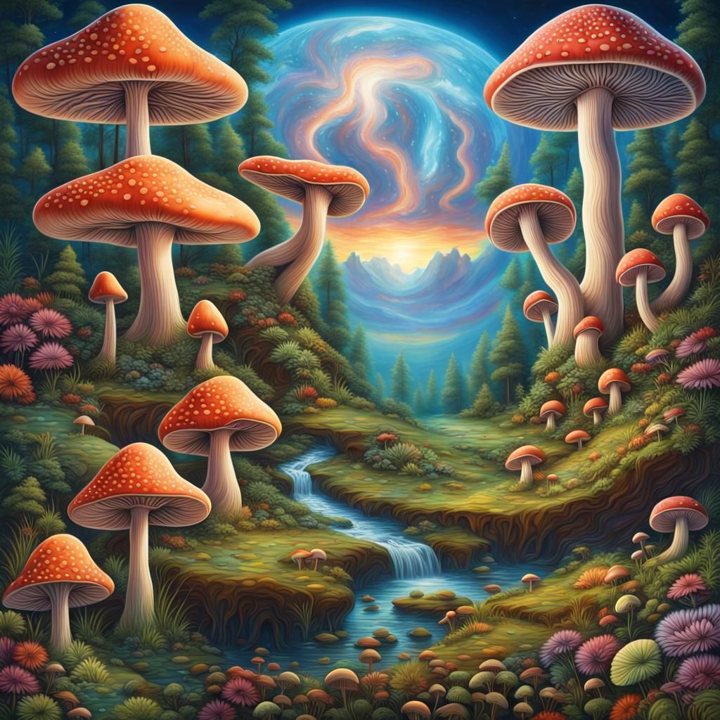 Psychedelic Mushrooms as Mother Earth in Vibrant Landscape