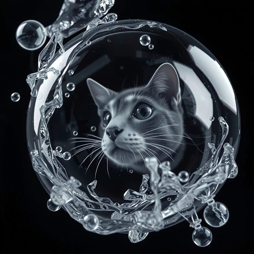 Whimsical Cat Floating in a Translucent Bubble