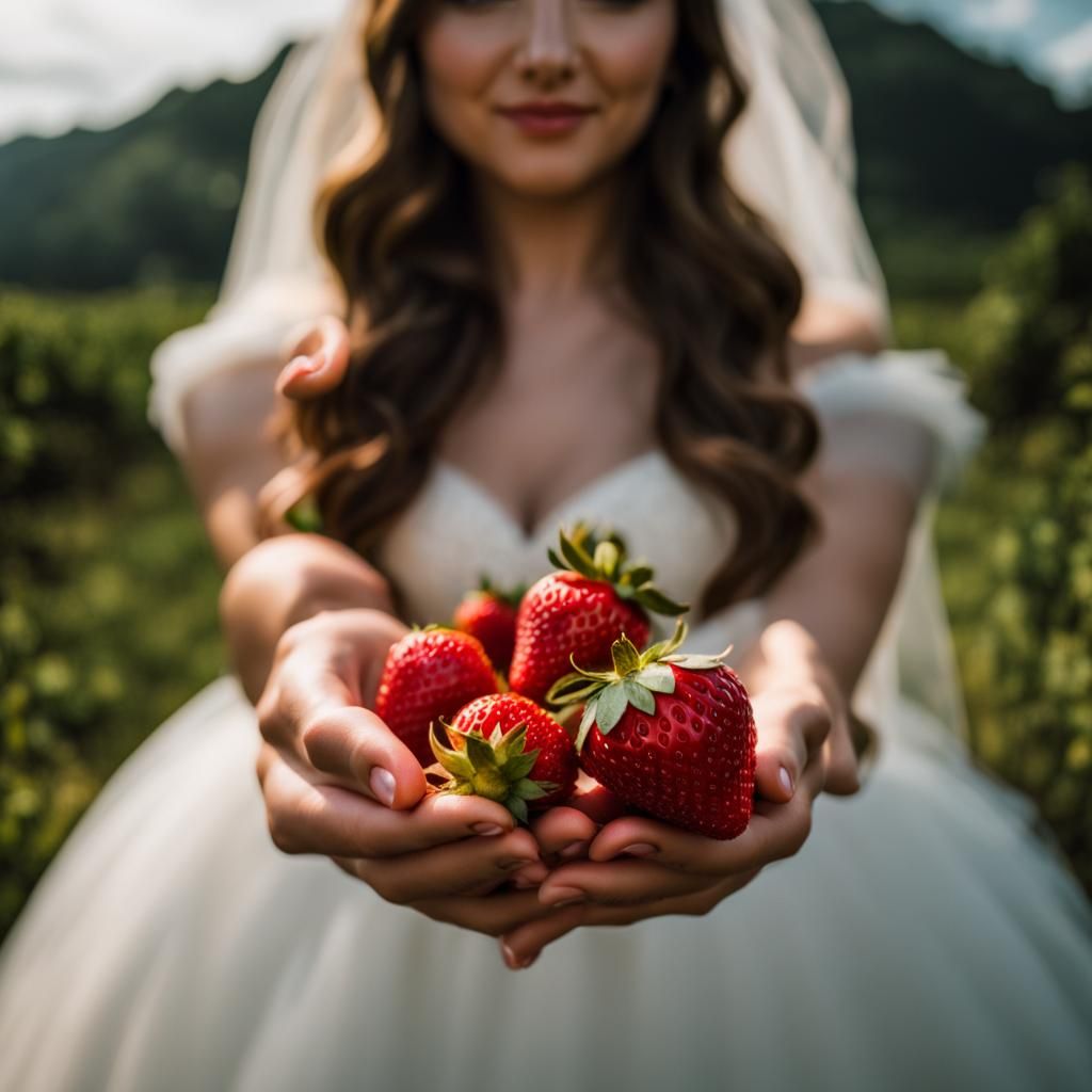 Bride Holding Strawberry: Close-Up Photography