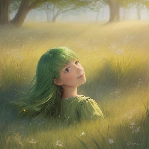 Little Girl with Grass Hair in Gouache Style