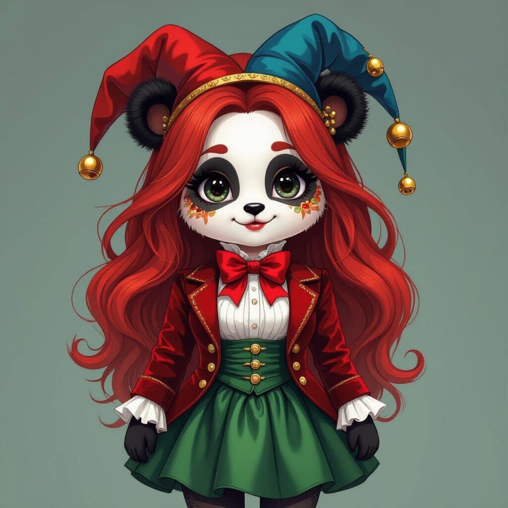 Humorous Cartoon Panda with Red Hair in Cartoon Style