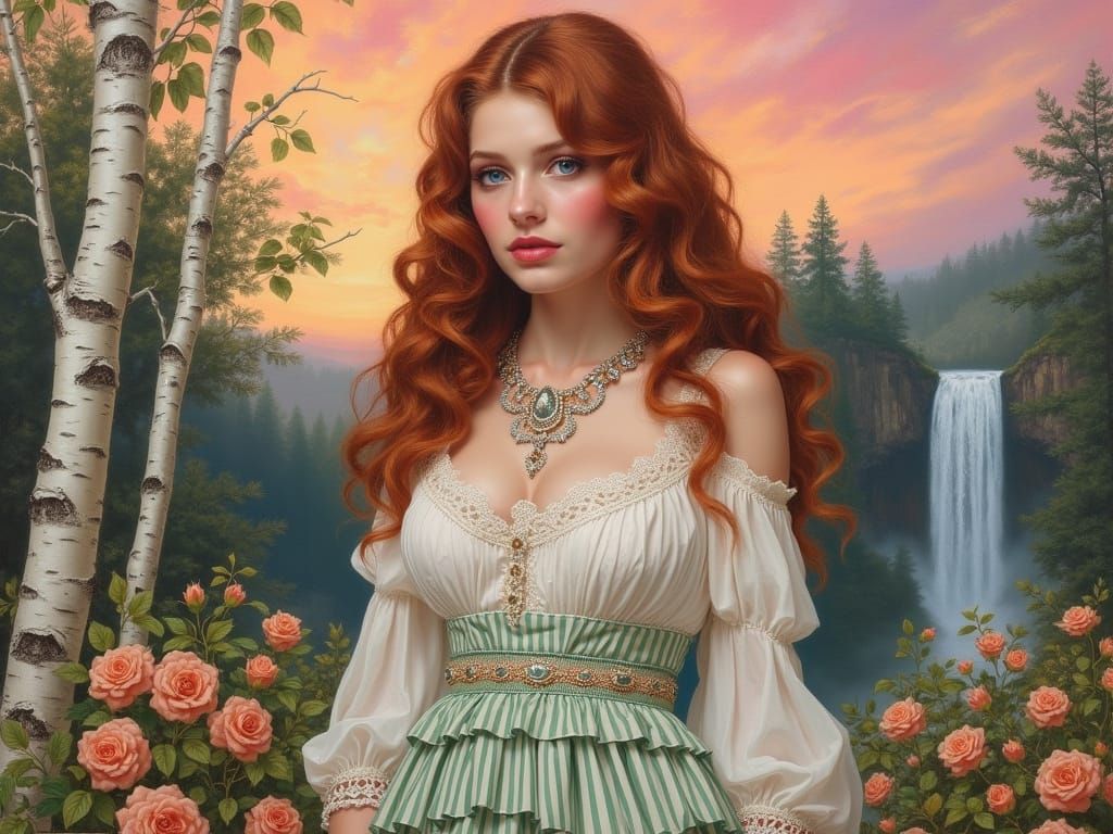 Woman with Cinnamon Curls and Bold Makeup in Sunset Garden