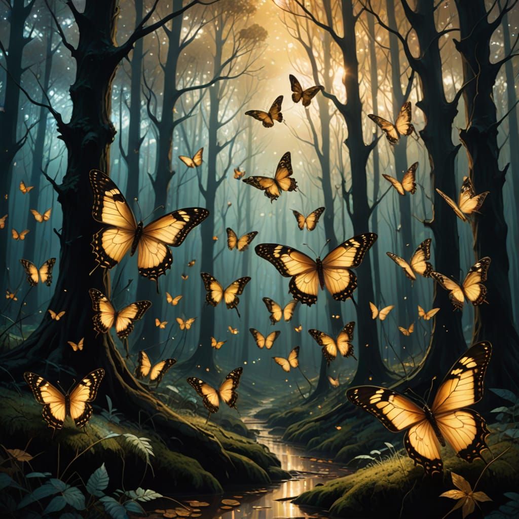 Surreal Black Butterflies Ascending Into Light