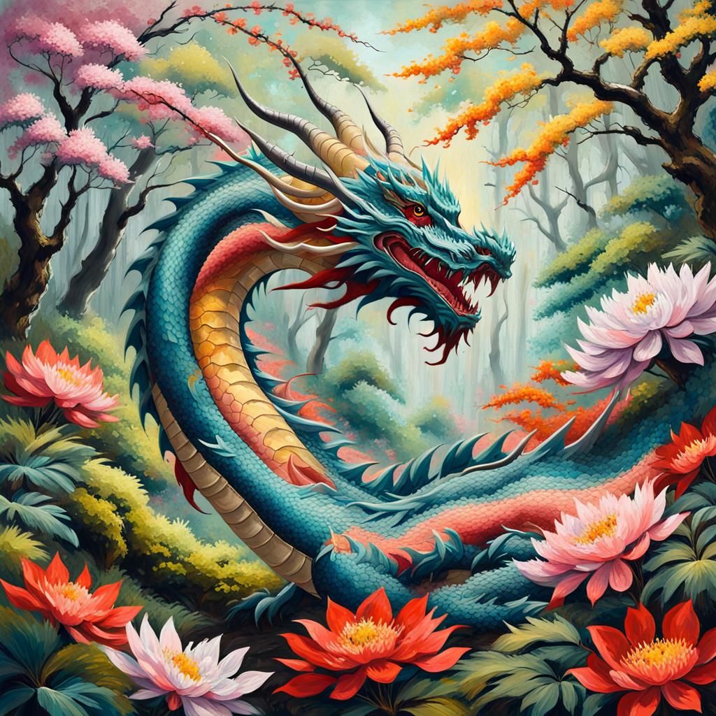 Japanese Dragon in Floral Forest, Impressionist Oil Painting