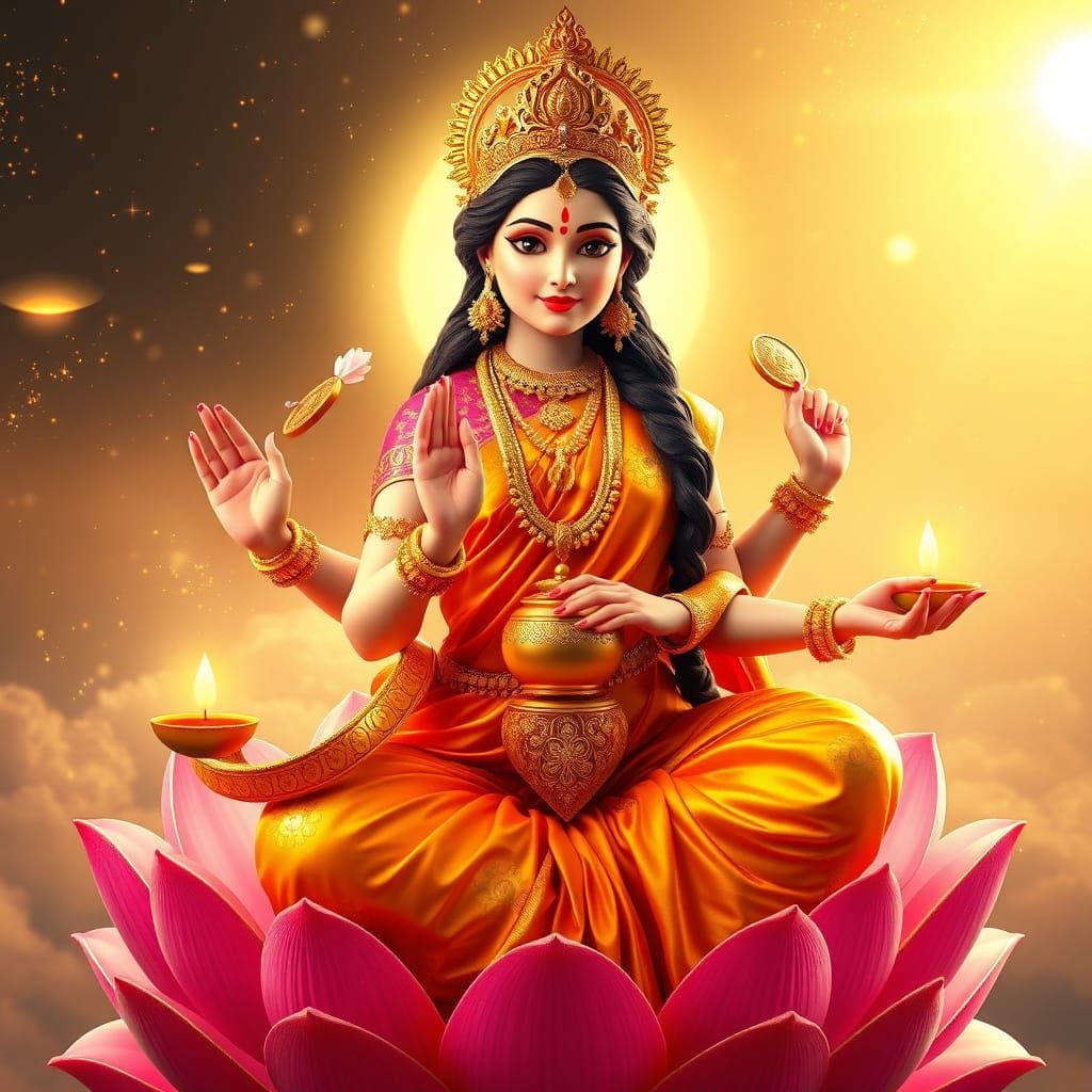 Goddess Lakshmi in Golden-Pink Saree, Adorned with Divine Je...