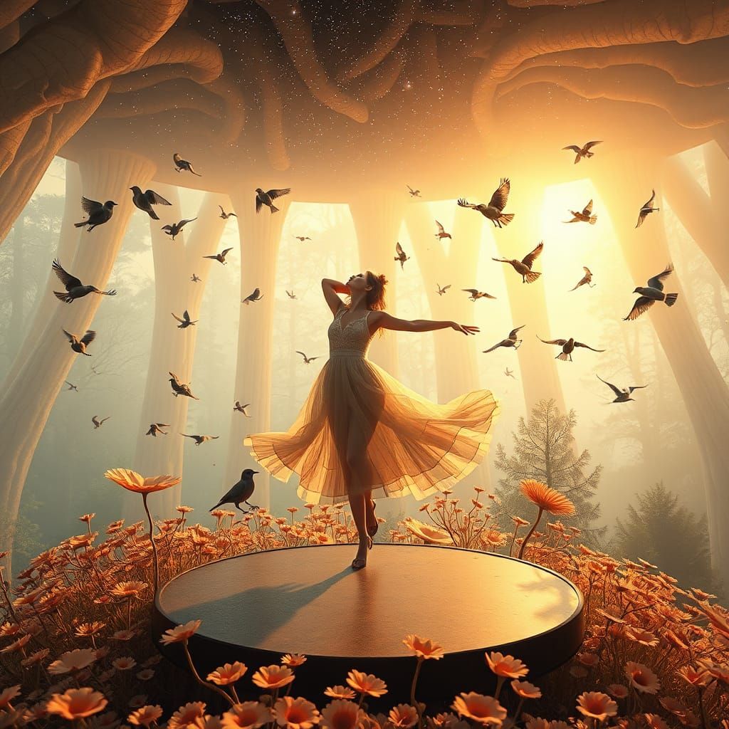 Woman Dancing with Birds in a Flower Network