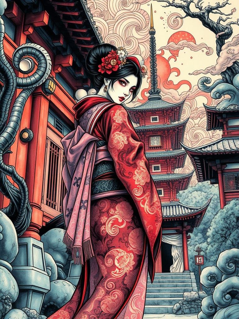 Mysterious Geisha Samurai in Psychedelic Japanese Fantasy Ar...