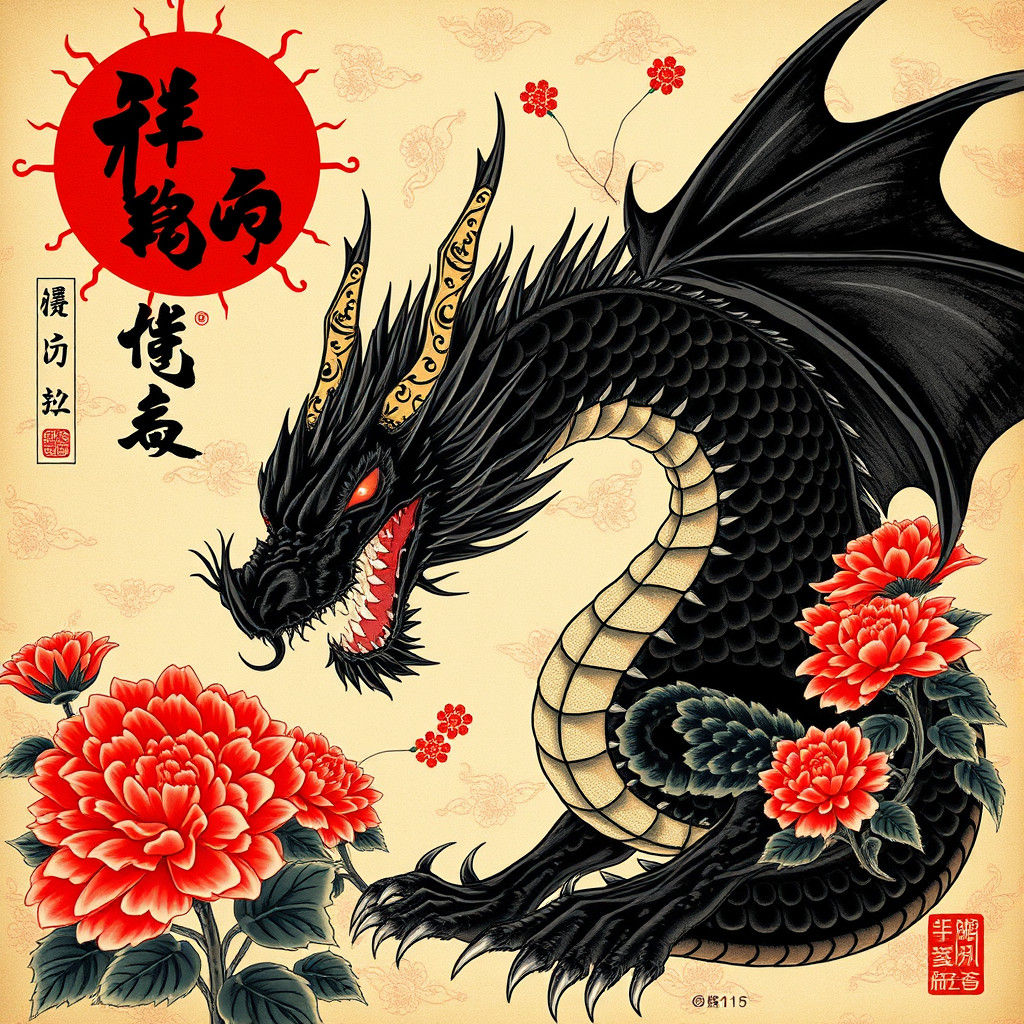 Fierce Black Dragon with Red Chrysanthemums in Japanese Art