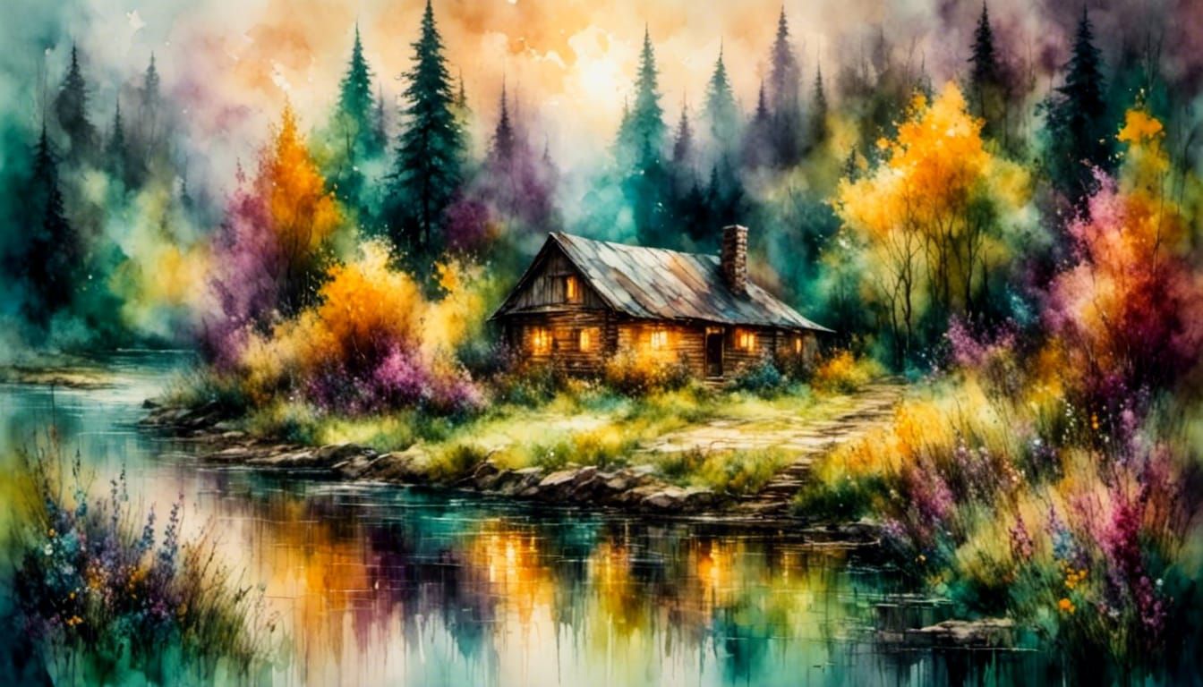 Riverside Cabin at Sunrise as Impasto Oil Painting