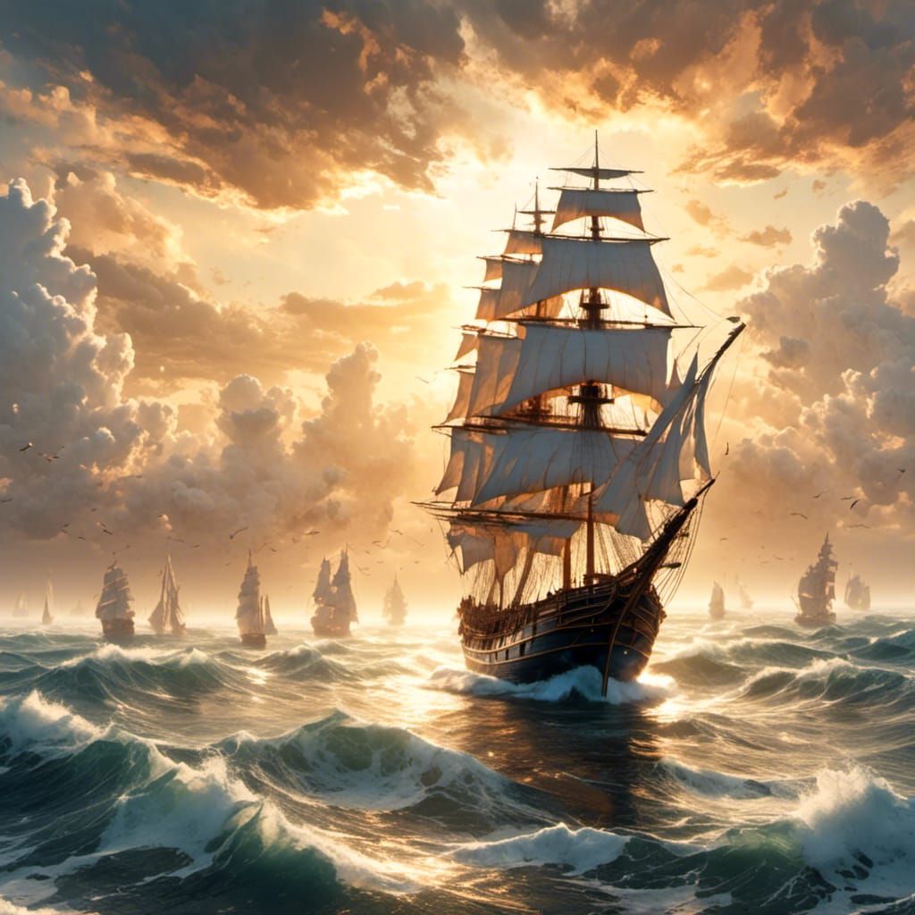 Majestic Tall Ship Sails on Calm Ocean