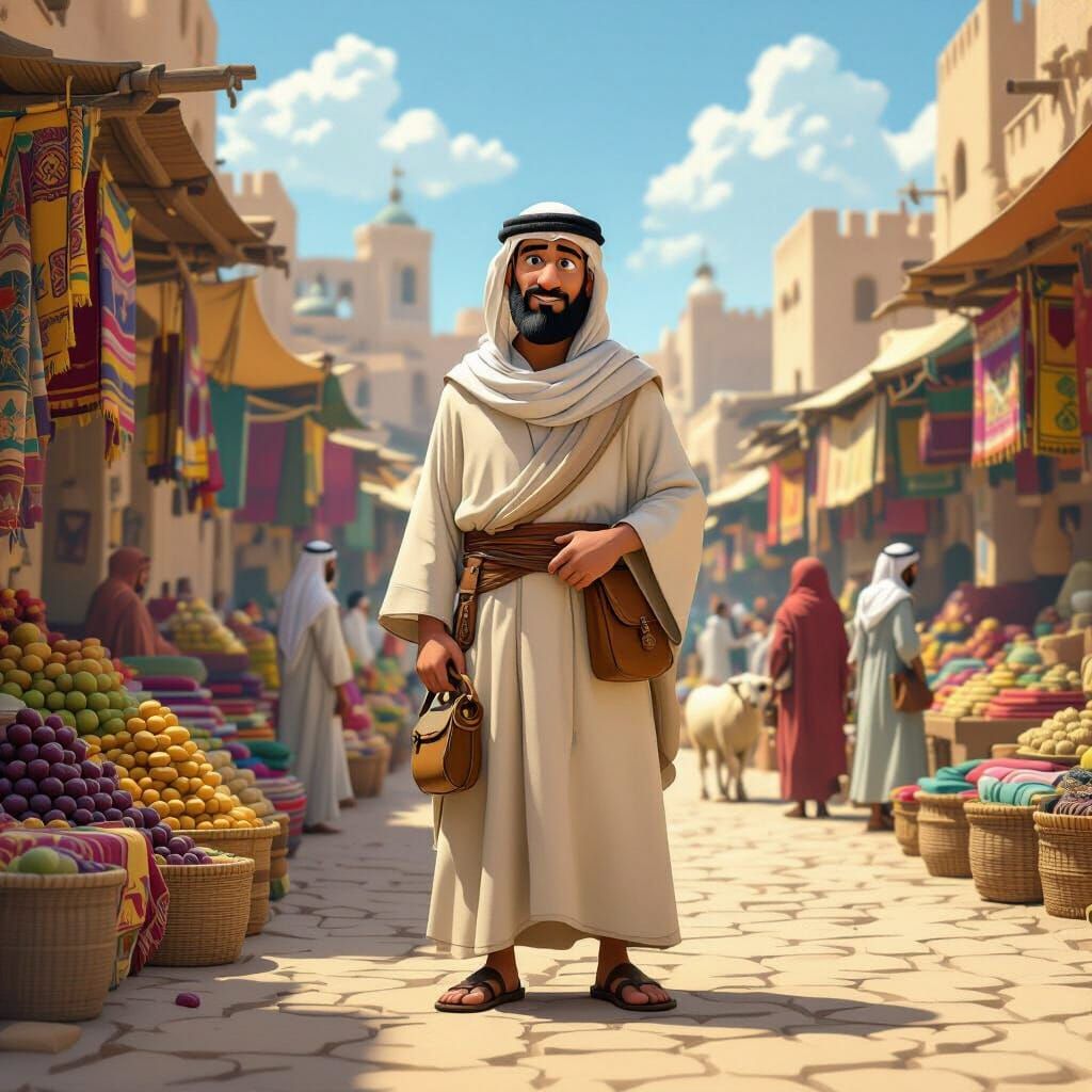 Vibrant Madinah Marketplace in 3D Cartoon Style