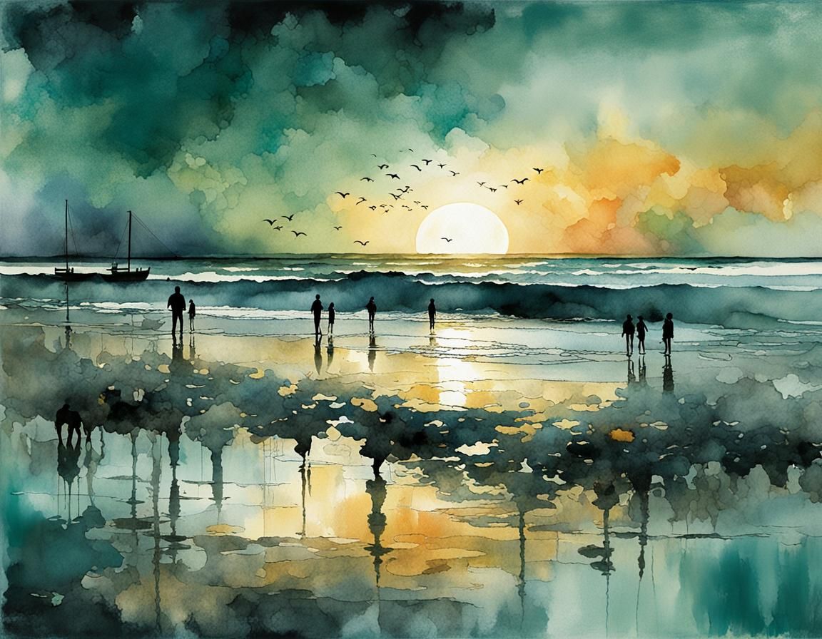 Beach Sunset Reflections in Art Brut Style