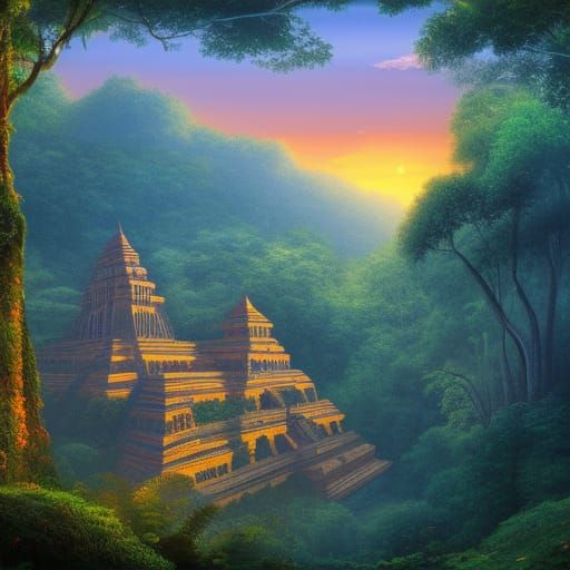 Mayan Temple in Jungle Sunset: Fantasy Concept Art