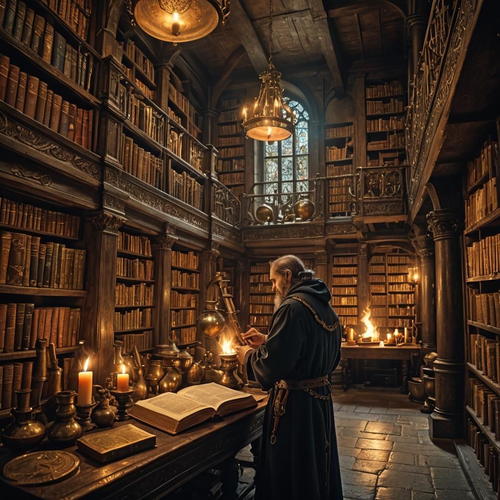 Medieval Alchemist in Darkly Lit Library