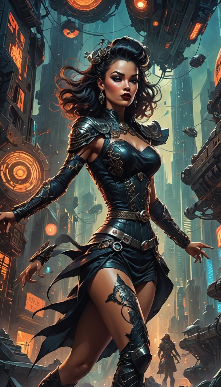 Dark Fantasy Pin-Up Girl in Futuristic Setting