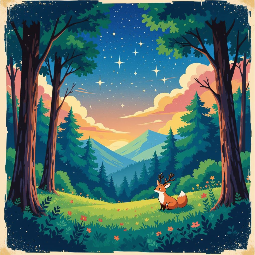 Retro 90s Anime Woodland Scene with Starry Sky