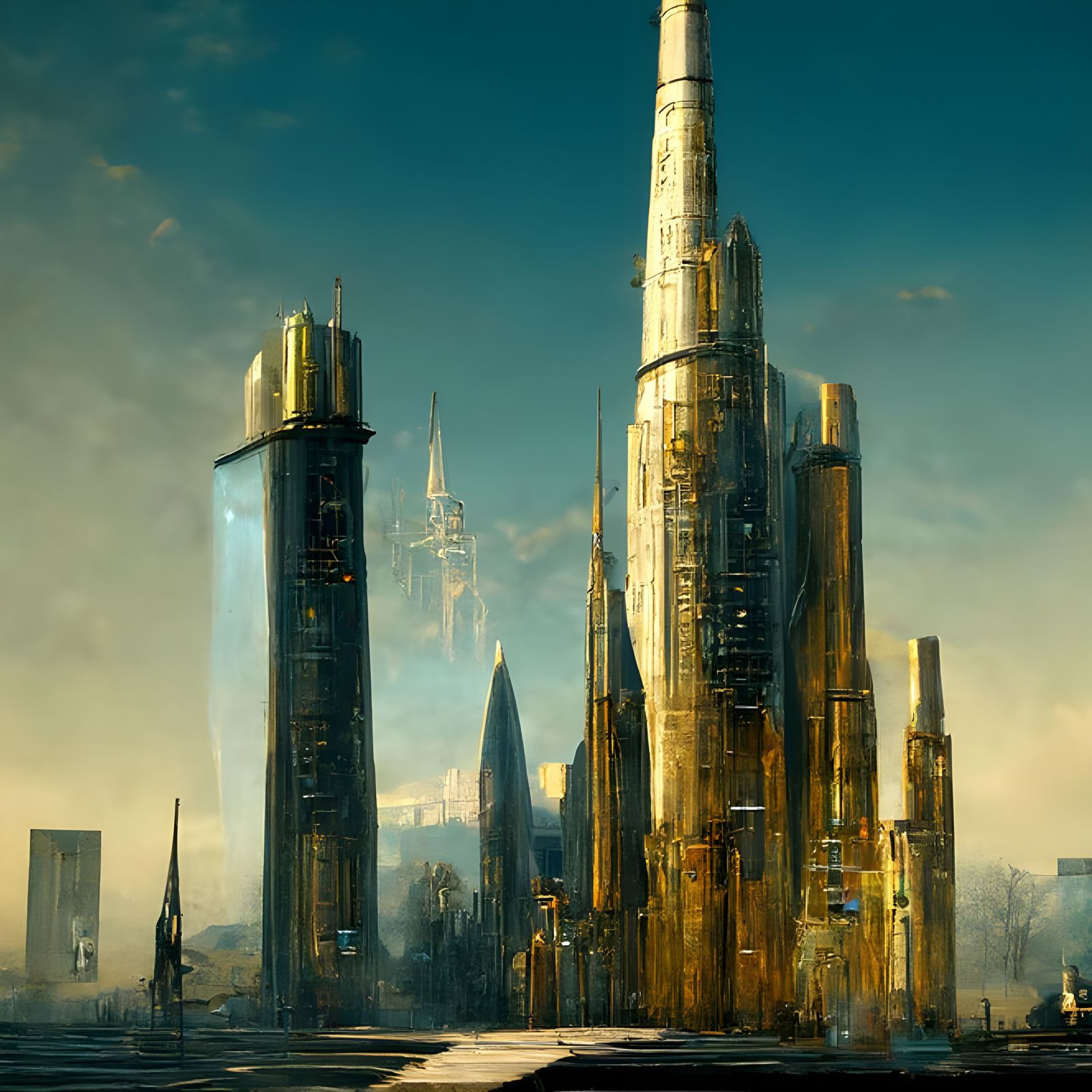 Dieselpunk landscape of futuristic city with monumental skyscraper made gold,