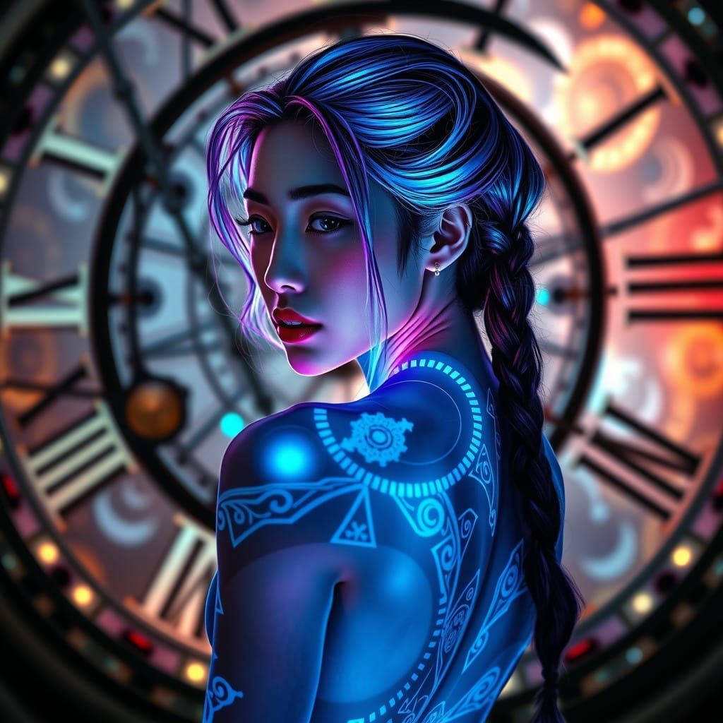 Ethereal Asian Woman in Clockwork Dreamscape