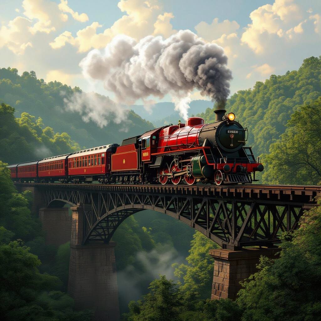Steam Train Crosses Wooden Valley on Iron Bridge