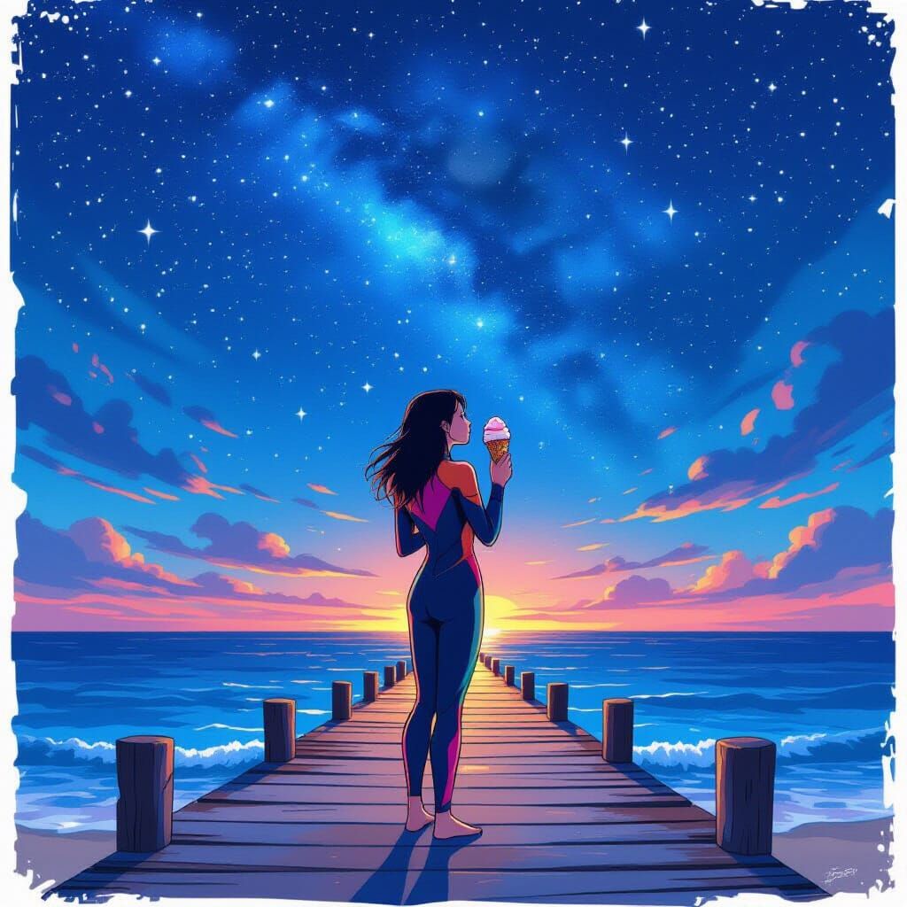Female Surfer Under Starry Sky, Manga Illustration