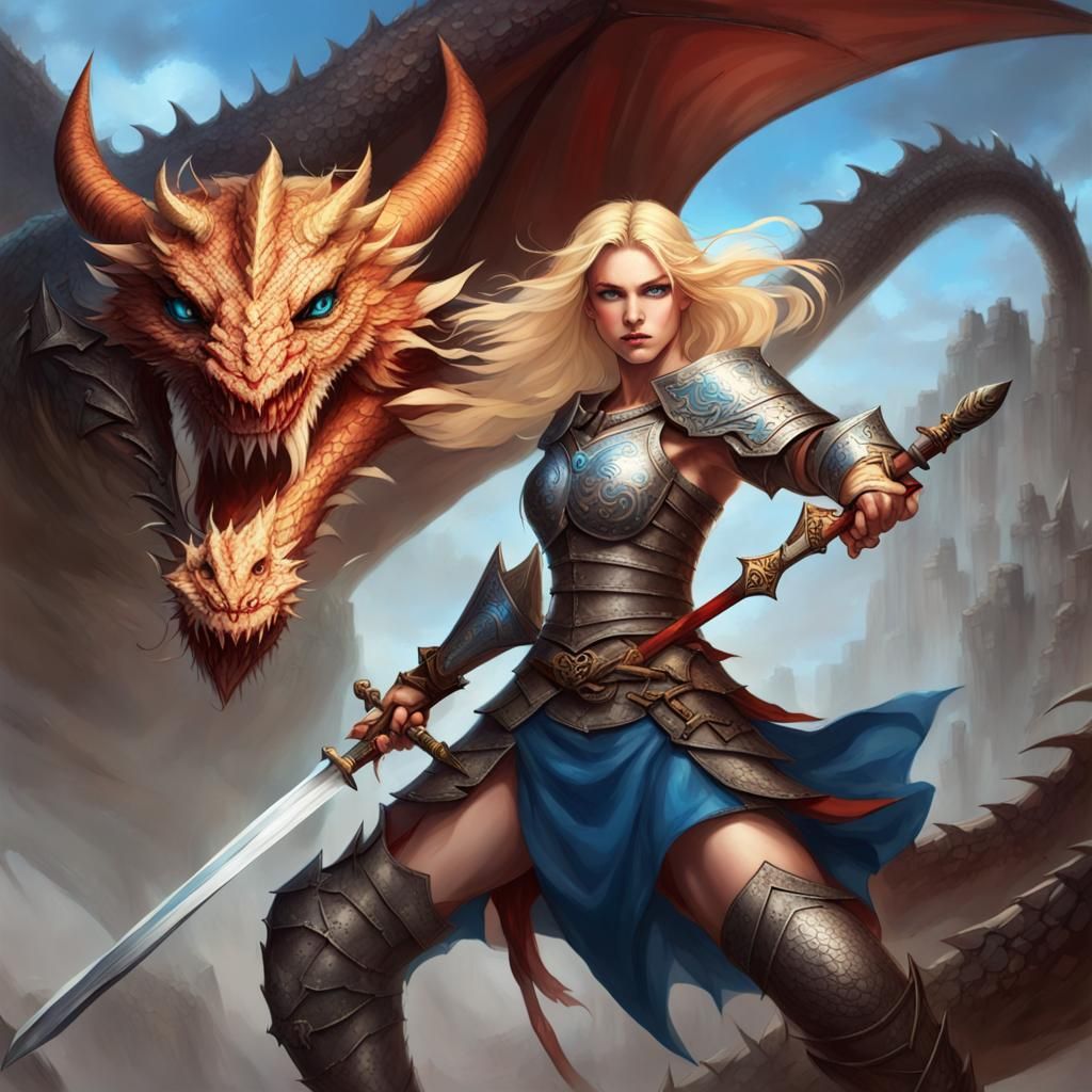 Blonde Warrior Battling Dragon with Sword