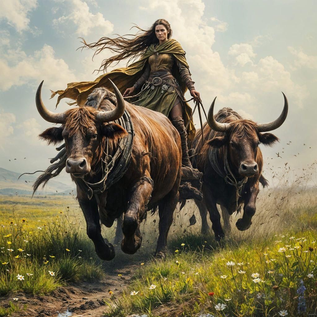 Gefjun, Norse Goddess, Ploughing with Oxen: Oil Painting