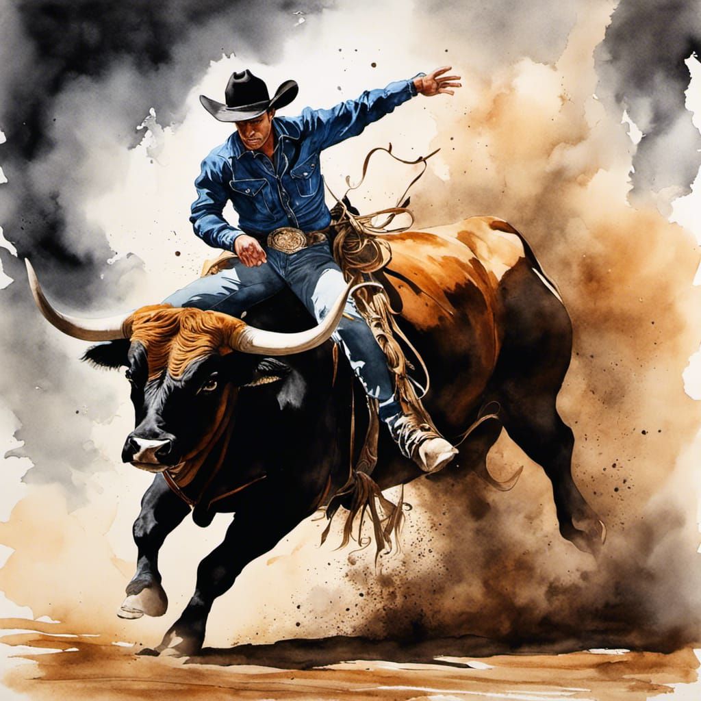 Cowboy Rides Bull in Rodeo: Watercolor Art