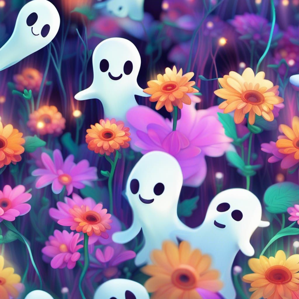 Translucent Ghosts Giving Flowers in Digital Illustration