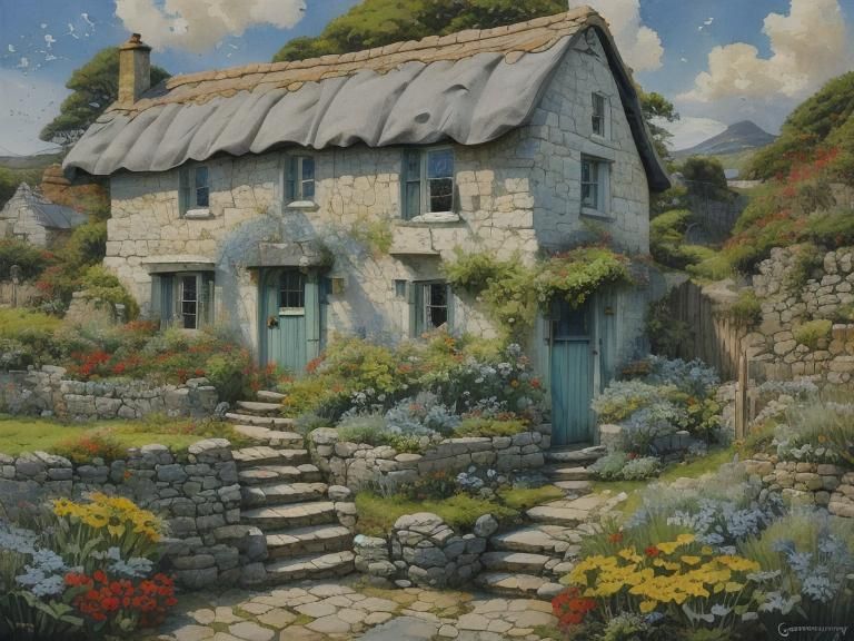 Cozy Stone Cottage by the Ocean in Oil Paint