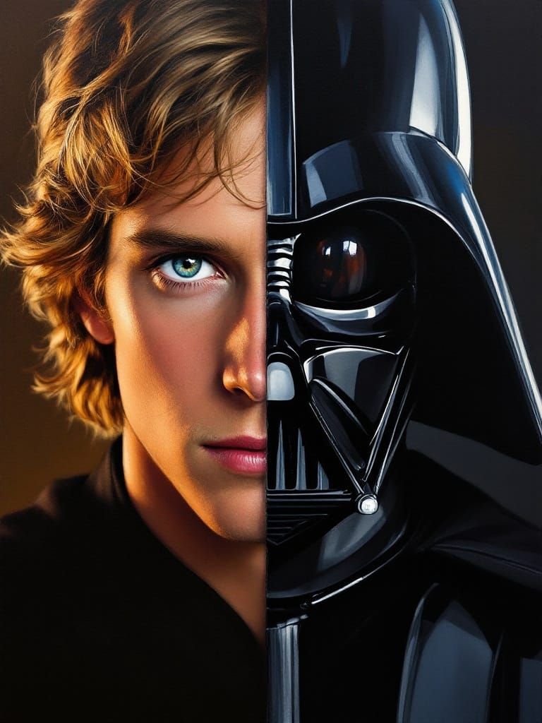 Darth Vader Split-Screen Oil Painting: Anakin Skywalker's Du...