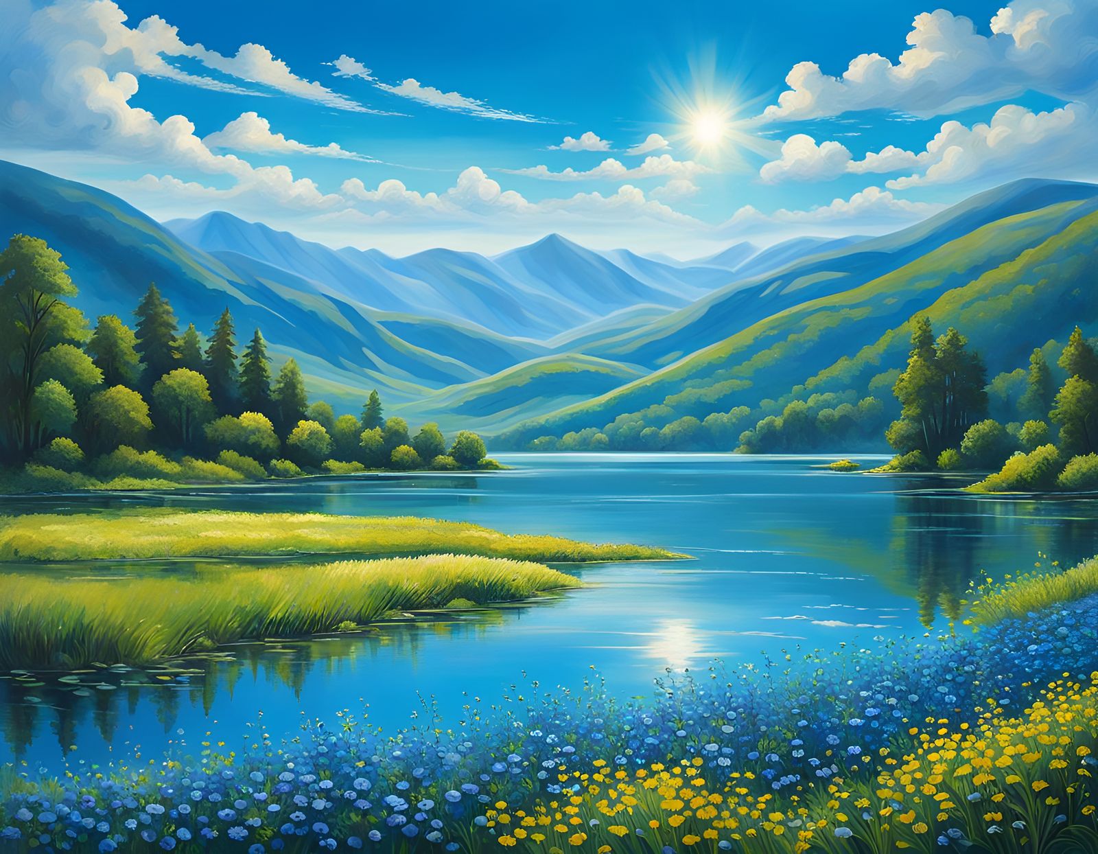 Rhapsodic Blue Landscape with Flower Fields