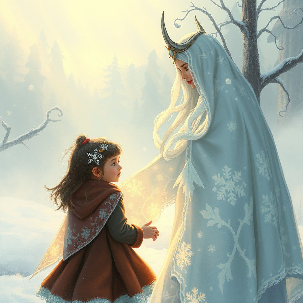 Viking Goddess Guides Girl Through Winter Landscape