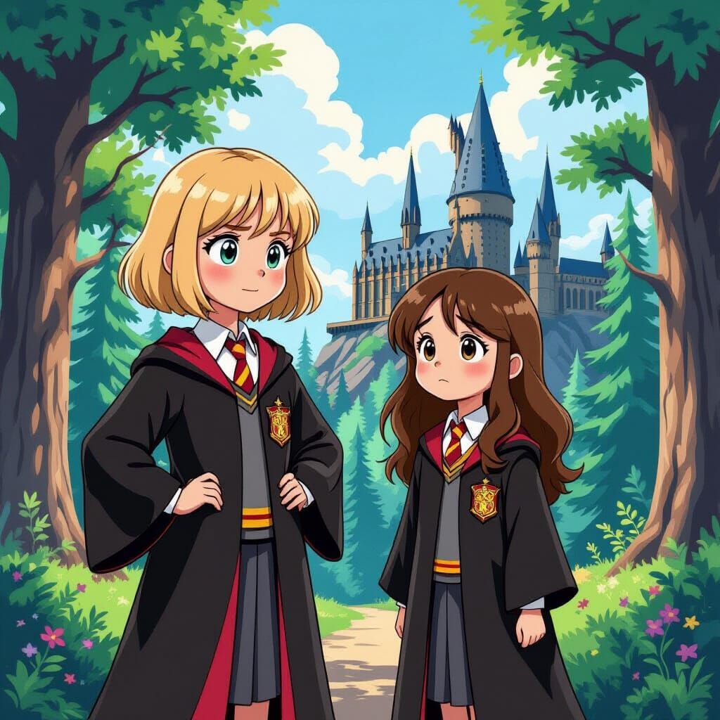 Determined Girl in Hogwarts Robe, Ghibli Style